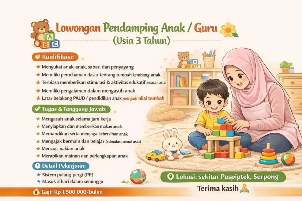 Lowongan pendamping anak/guru (3hari dalam seminggu)
