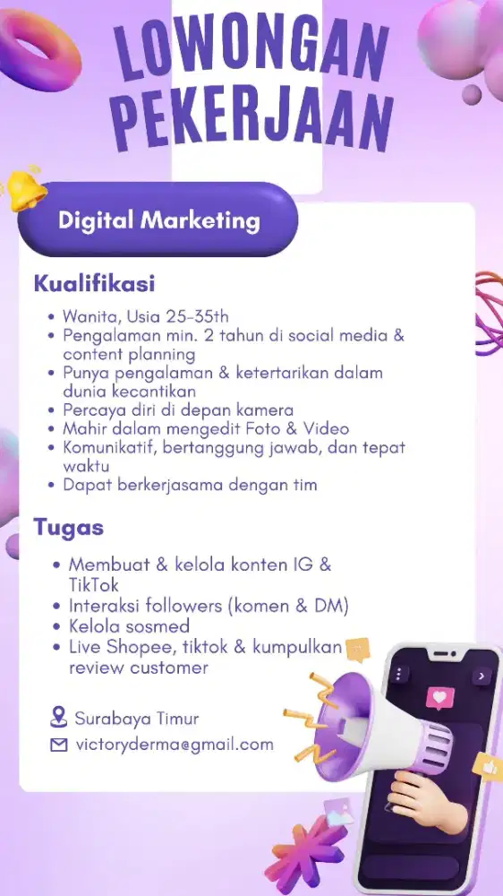 DICARI MARKETING WANITA PENEMPATAN SURABAYA TIMUR