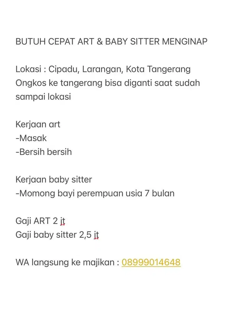 Loker ART Bebersih dan masak