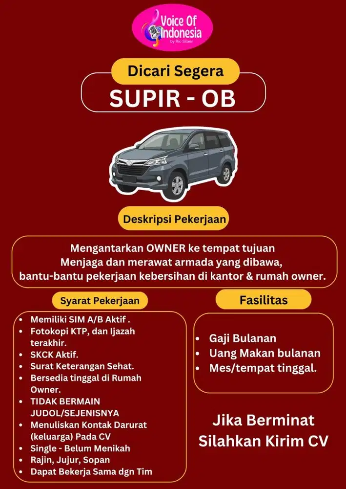 Lowongan SUPIR - DRIVER