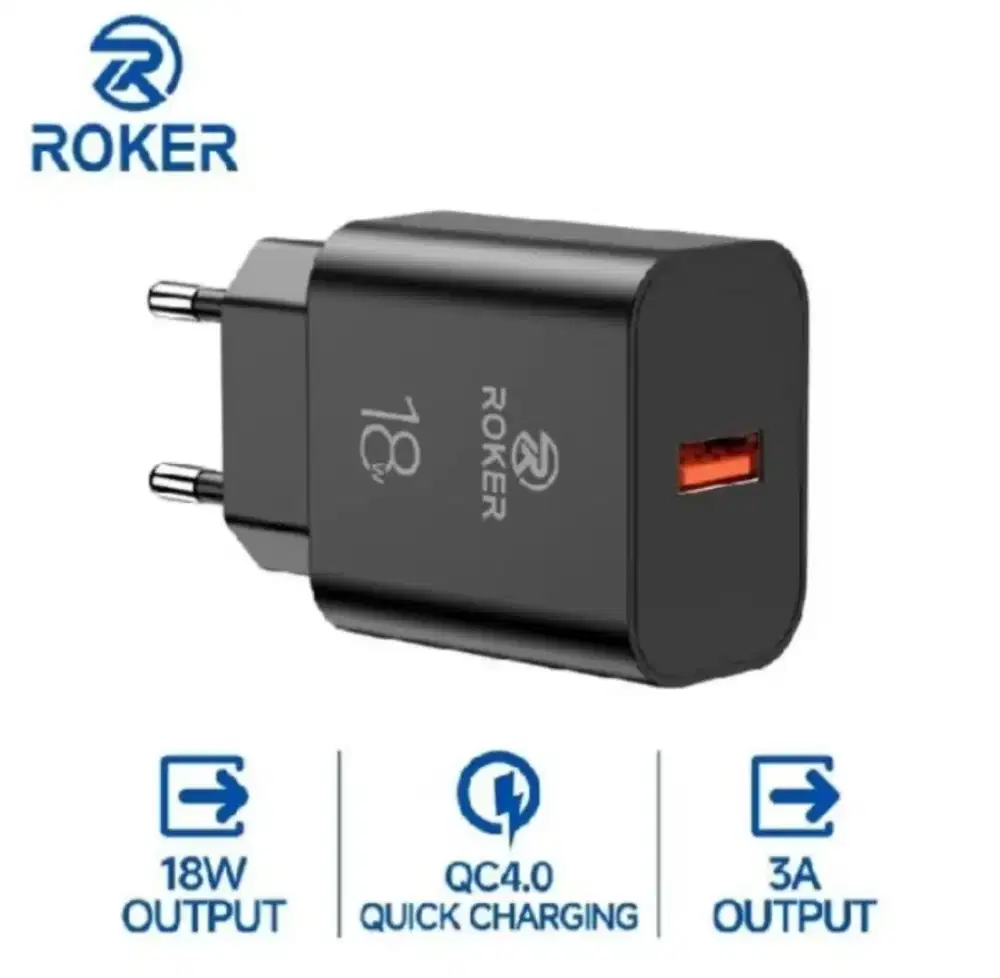 ROKER Charger RX18 FastCharging QC4.0 18W+Kabel Data Type C Hitam New.
