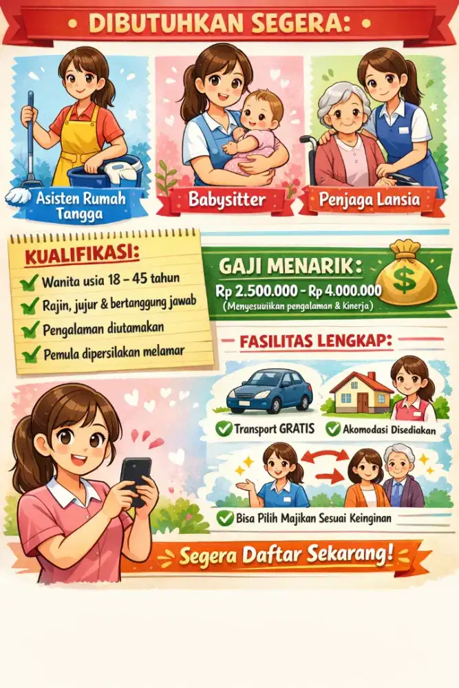 Lowongan kerja Art, baby sitter, penjaga lansia
