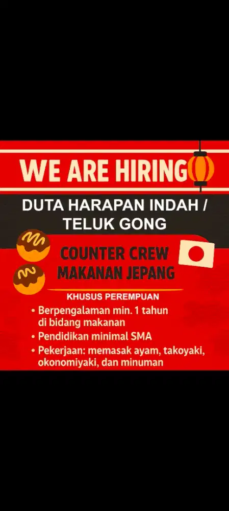 Dicari crew makanan jepang momokino teluk gong