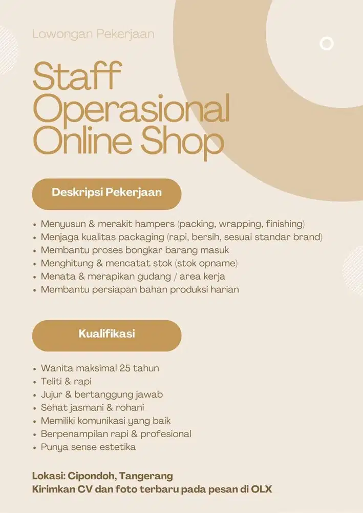 Lowongan Pekerjaan Staff Online Shop Wanita