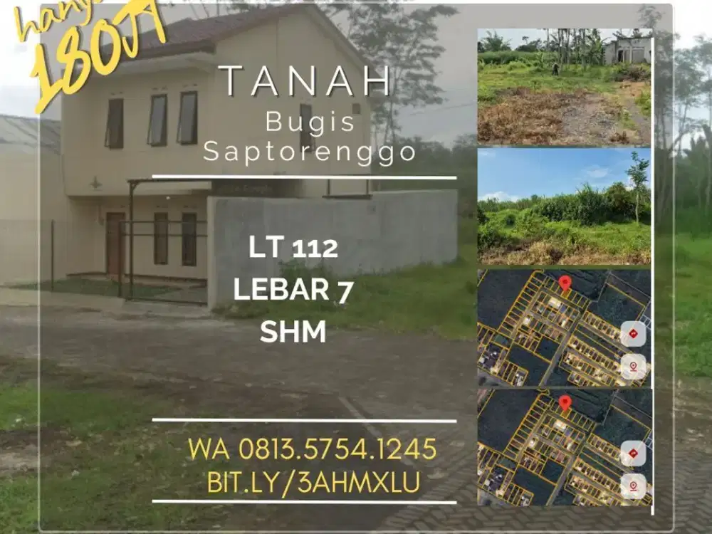 Tanah dijual di bugis saptorenggo SHM Lt112 dekat bandara exit Tol 179jt