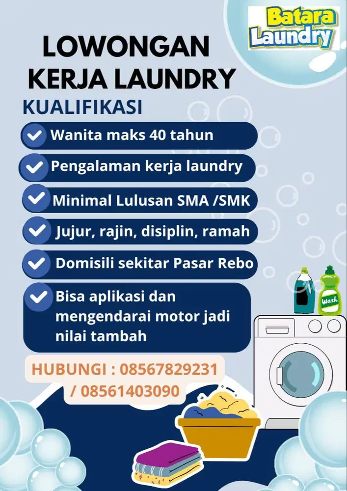 Lowongan laundry Cijantung Pasar Rebo Jakarta Timur
