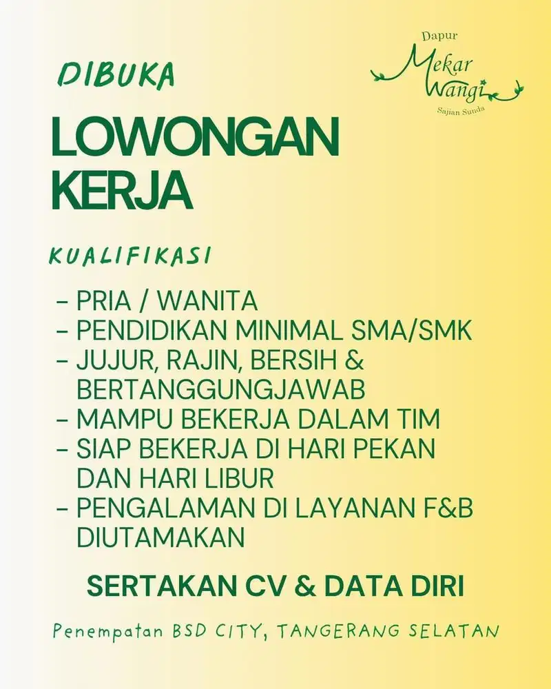LOWONGAN KERJA DAPUR MEKAR WANGI