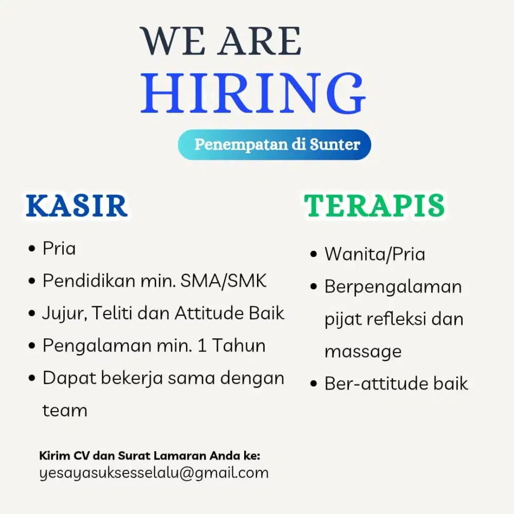 Dibutuhkan Kasir dan Terapis