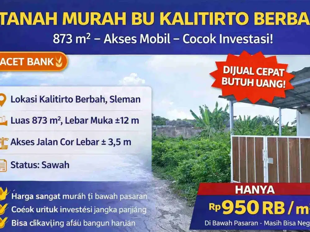 Tanah Murah BU Kalitirto Berbah – 873m², Akses Mobil, Cocok Investasi!