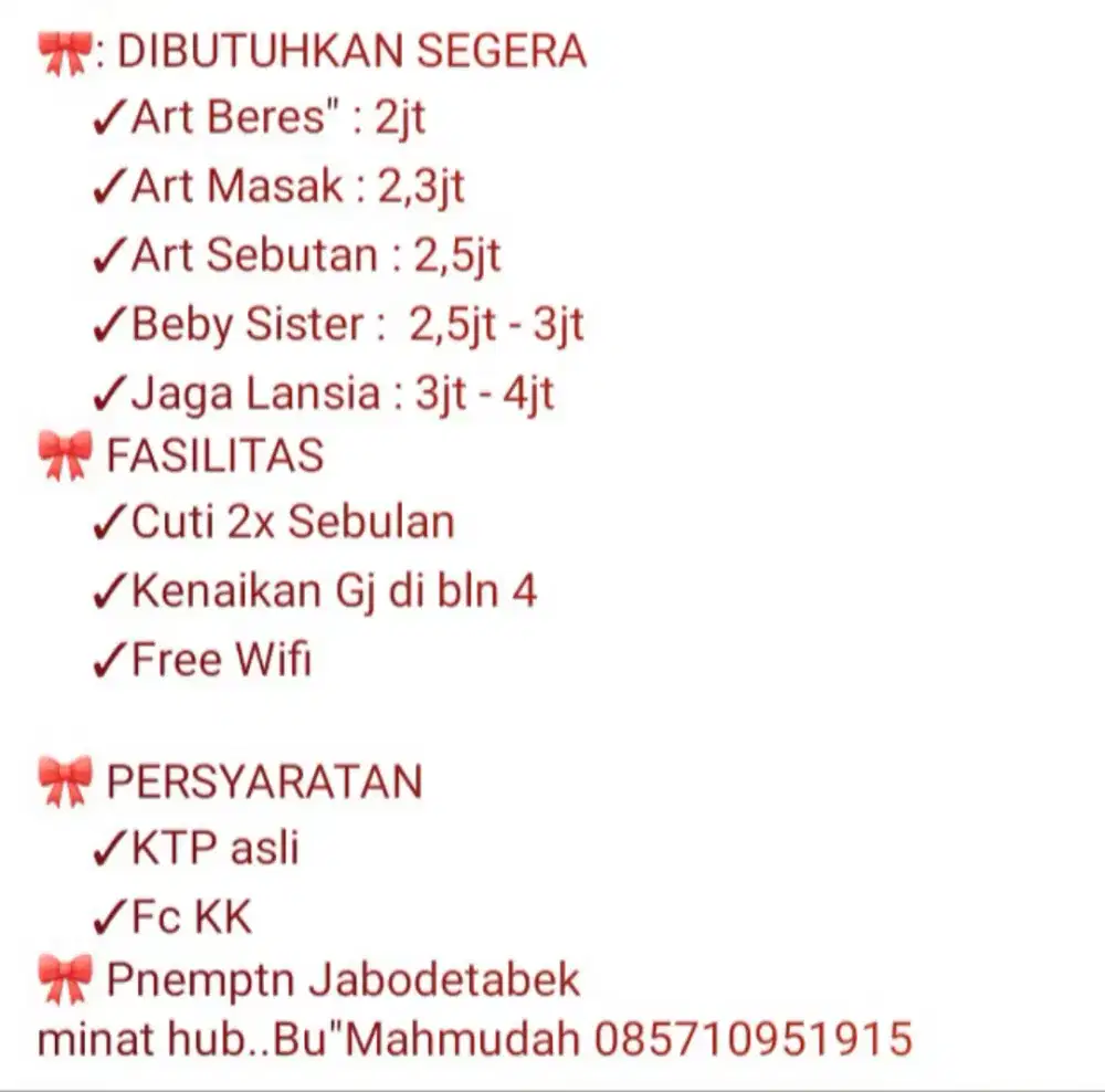 Lowongan kerja Art baby sitter dan perawat lansia