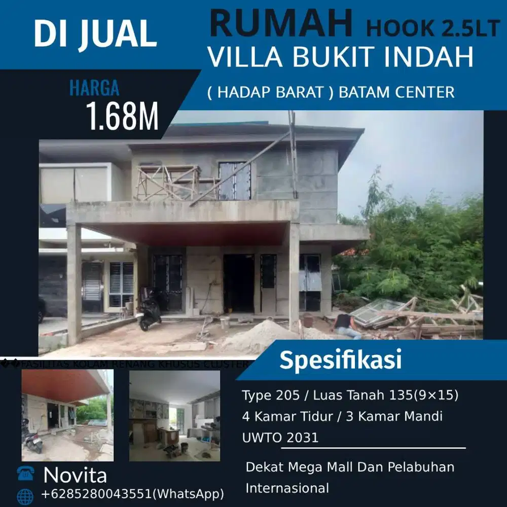 Rumah Hook 2,5 Lantai Siap Huni VILLA BUKIT INDAH (Hadap Barat) Batam