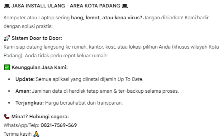 JASA INSTALL ULANG - AREA KOTA PADANG
