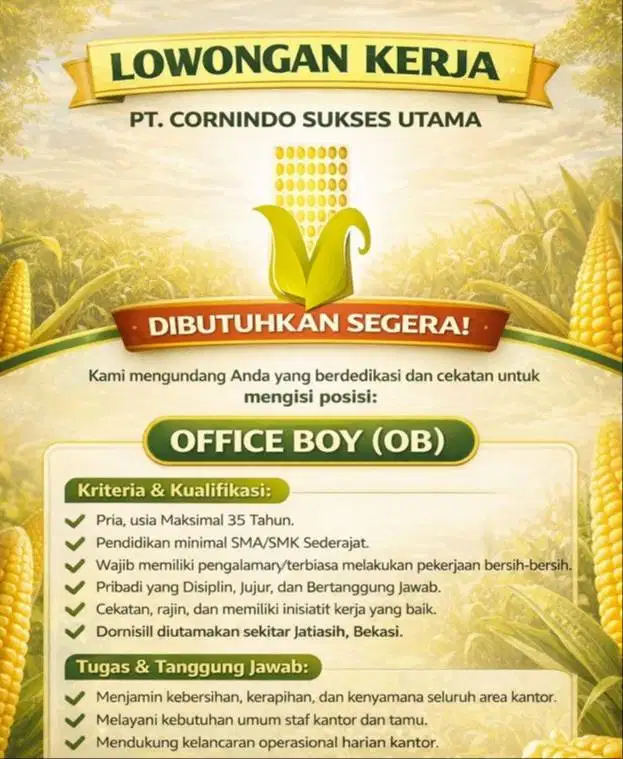LOWONGAN KERJA PT. CORNINDO SUKSES UTAMA - OFFICE BOY (OB)