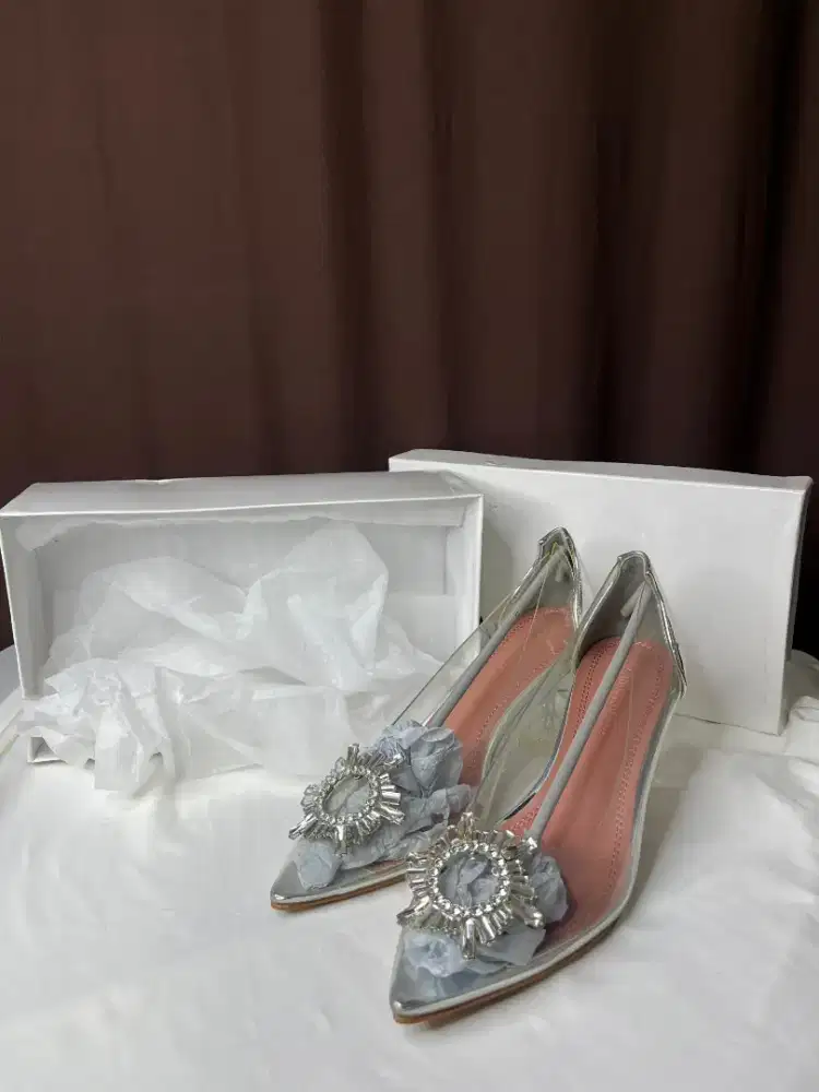 Amina Muaddi Glass Heels Crystal Embellished Fullset Box Brand New