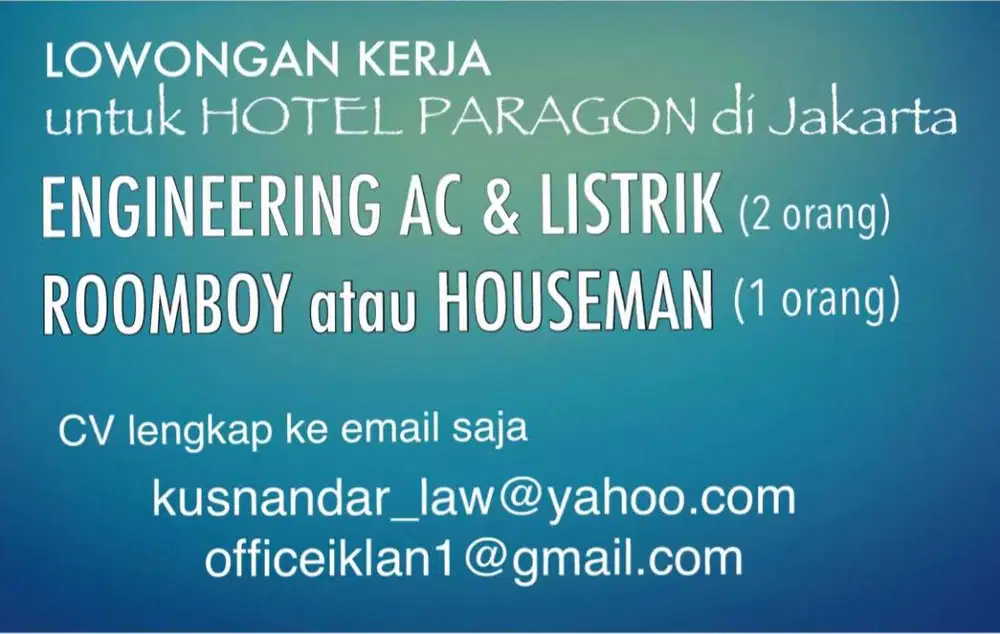 LOKER ENGINEERING AC-LISTRIK & ROOMBOY atau HOUSEMAN untuk Hotel