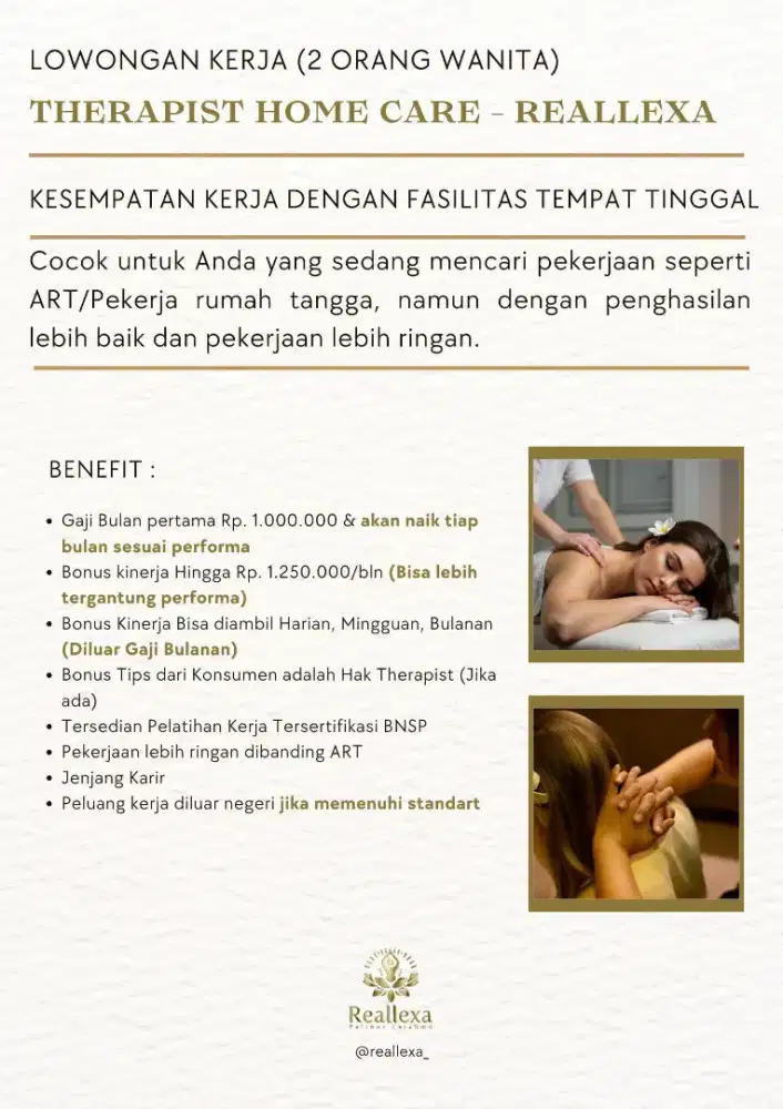 Dibutuhkan Therapist Wanita Homecare and Walk - in