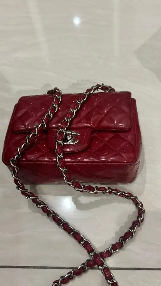 Chanel mini square red quilted flap bag