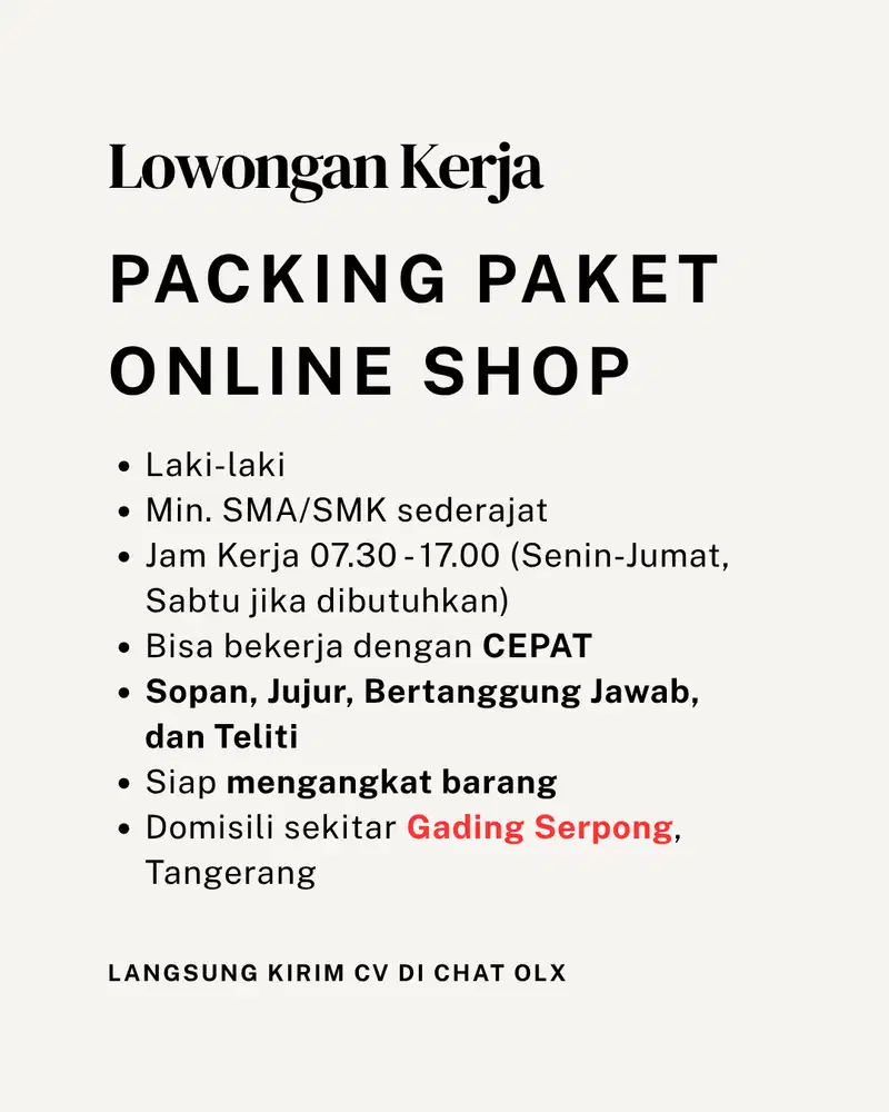 Lowongan Kerja Packing Online Shop Gading Serpong Loker