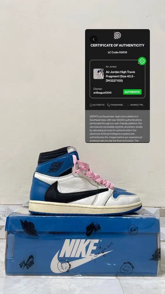 Air Jordan 1 High Travis Fragment (Size 40.5) Original 100%