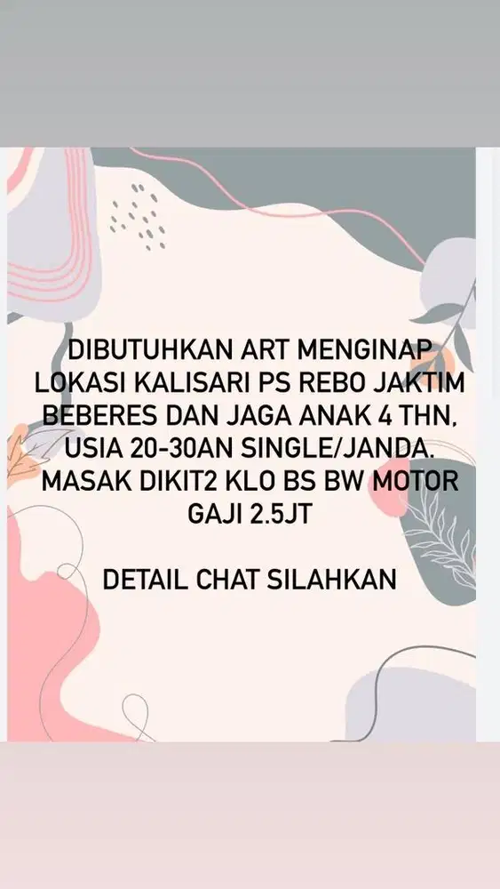 Dibutuhkan ART menginap Kalisari Pasar rebo