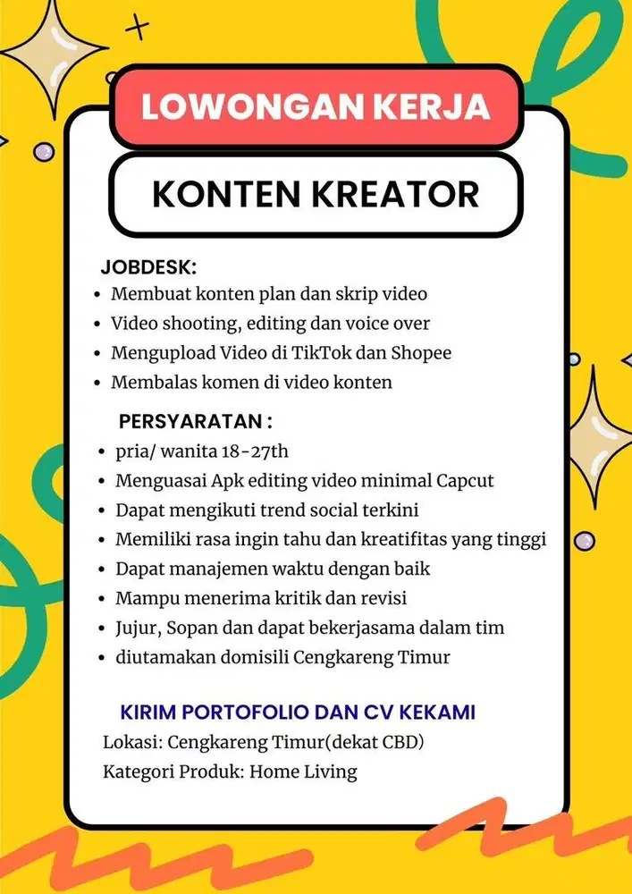 Dibutuhkan segera 2 orang konten kreator