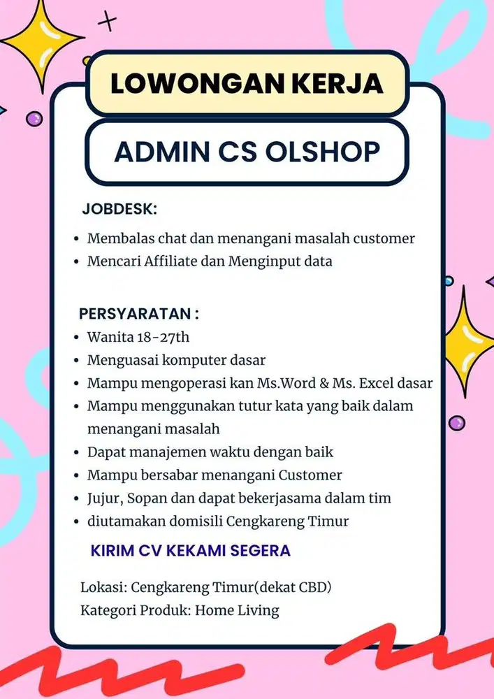 Dibutuhkan segera admin olshop dan 2 orang konten kreator