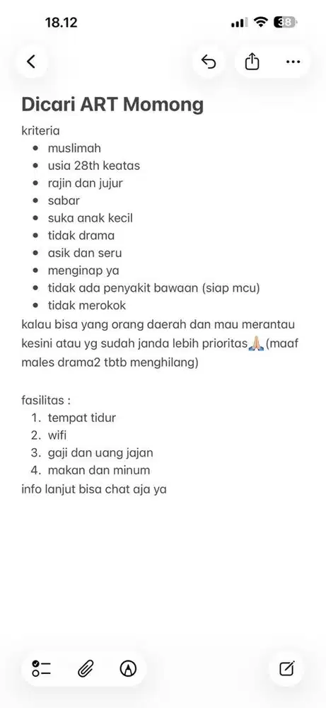 dicari art momong nginap