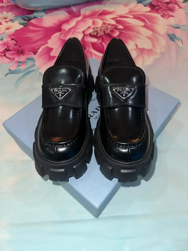 PRADA BRUSHED LEATHER MONOLITH LOAFERS (SIZE 43)