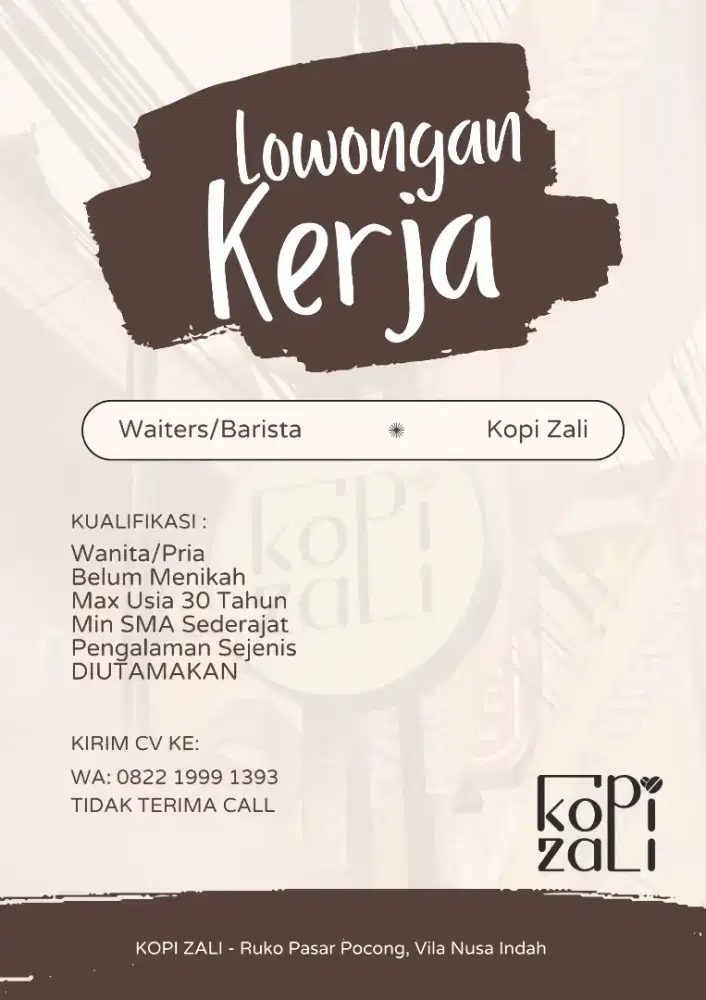 Dibutuhkan segera waiters Kopi Zali
