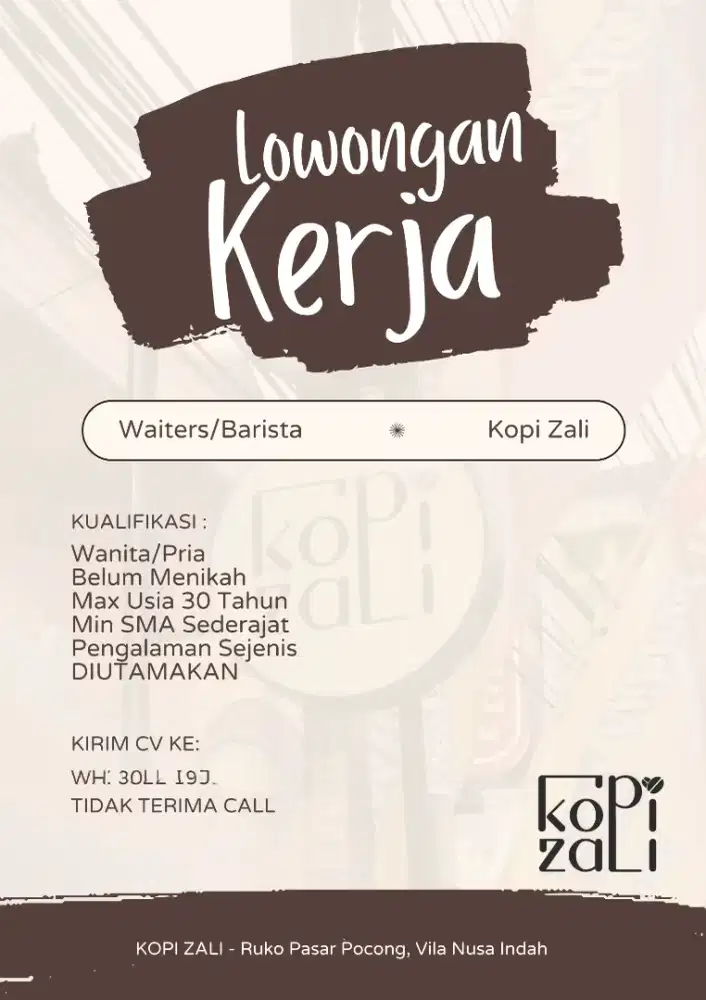 Dibutuhkan segera waiters Kopi Zali