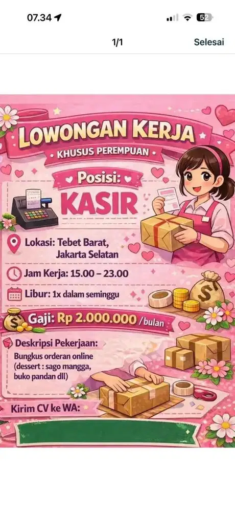 Lowongan kerja kasir khusus perempuan