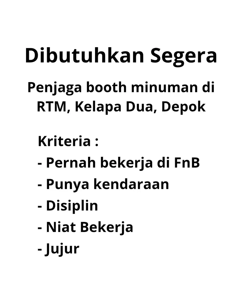 Dibutuhkan Penjaga Booth Minuman
