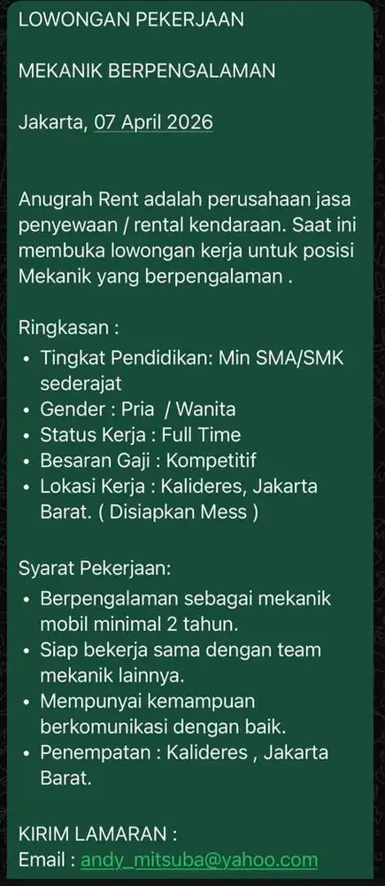 Lowongan Mekanik Kendaraan Roda 4 Berpengalaman dan OB