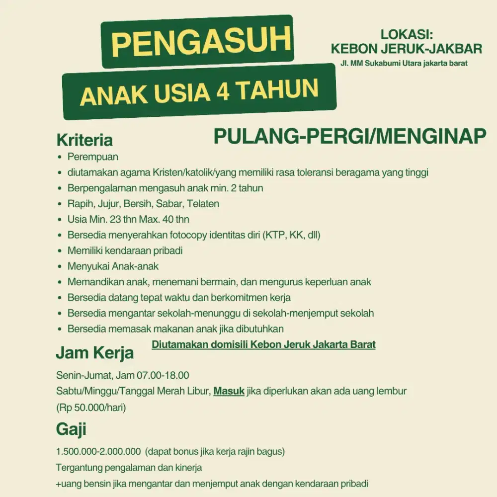 DIBUTUHKAN PENGASUH ANAK Pulang pergi