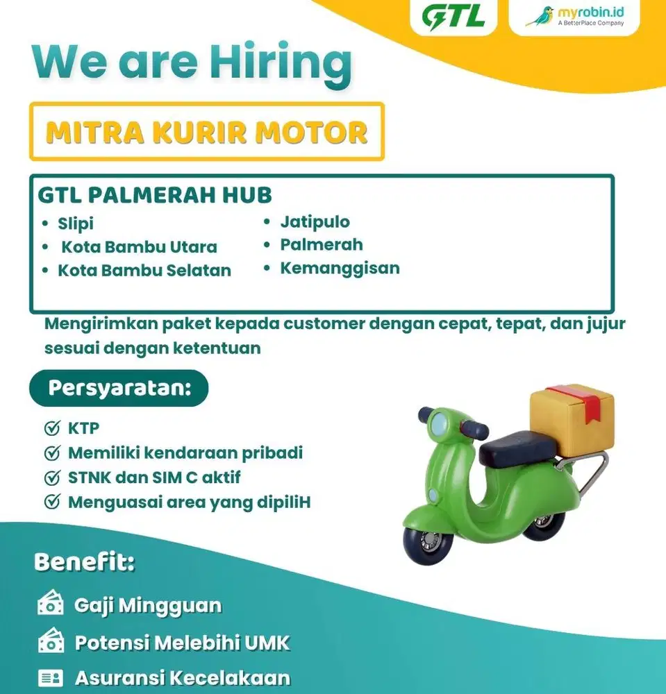 LOKER KURIR MOTOR GTL HUB Palmerah, Tamansari, Kebon Jeruk