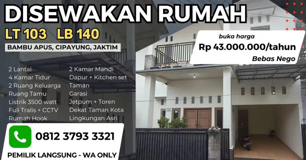 Disewakan rumah 2 Lantai Bambu Apus