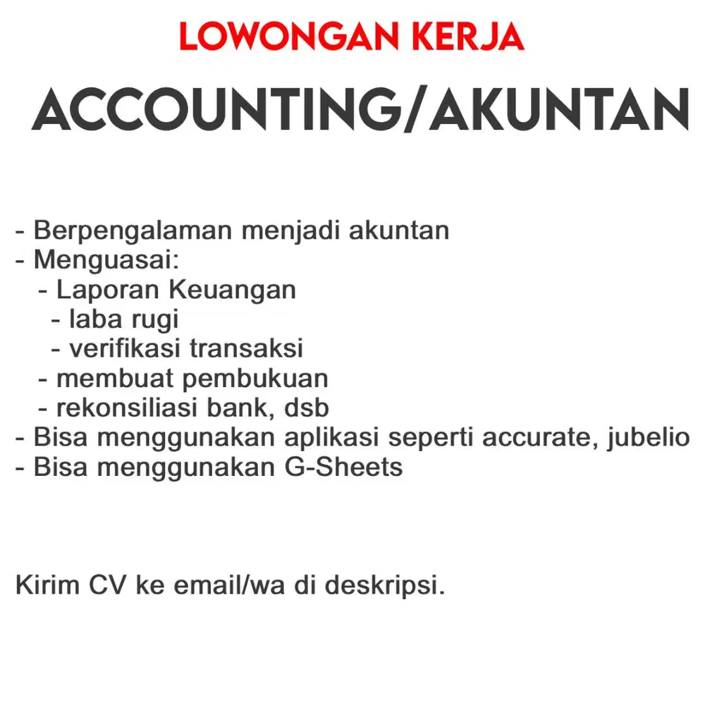Lowongan Kerja Akuntan / Accountant / Finance