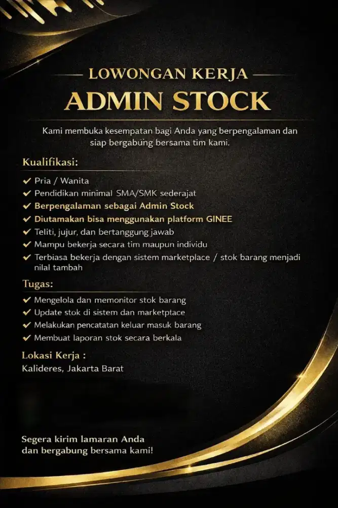 LOWONGAN PEKERJAAN ADMIN STOCK BERPENGALAMAN