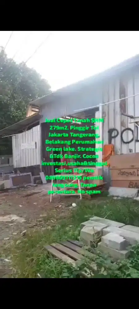 Jual tanah GreenLake.pinggir tol Jakarta TGR.SHM 279M2.No banjr.TP