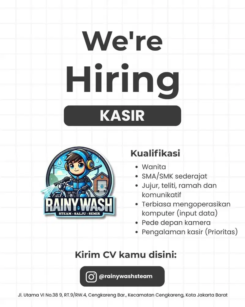 DIBUTUHKAN KASIR STEAM CUCI MOTOR