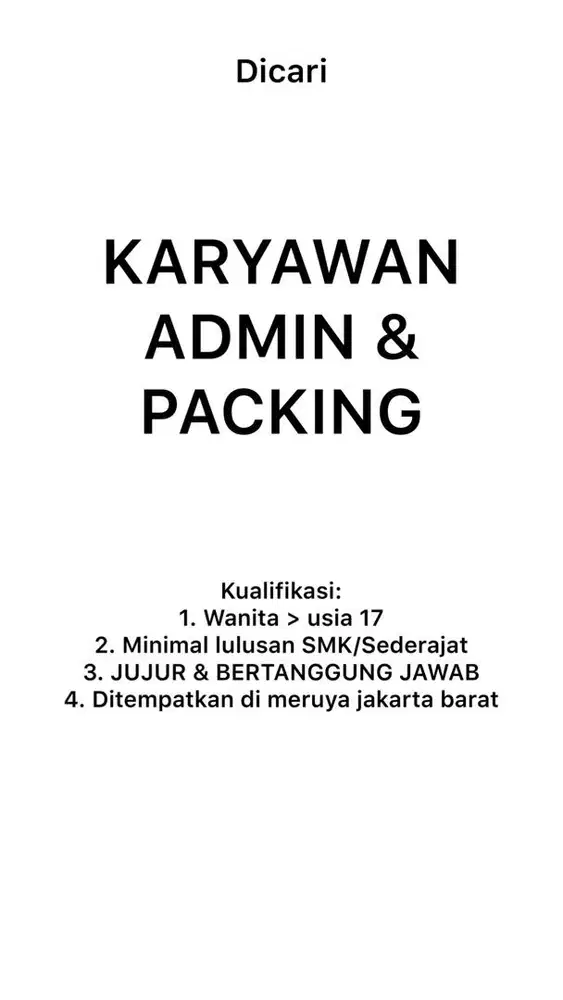 Dicari admin packing