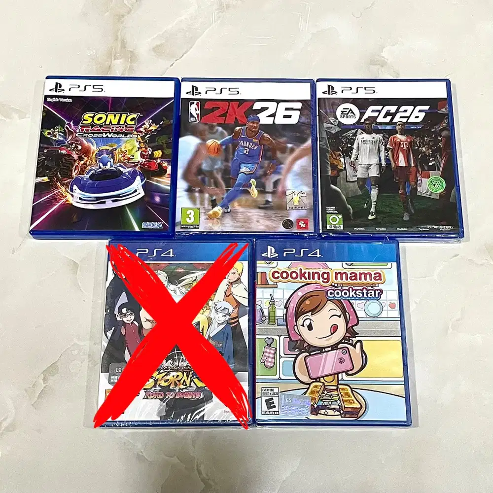 FC26 ps5, Sonic, NBA 2K26, Naruto ps4, Cooking mama - kaset game ps