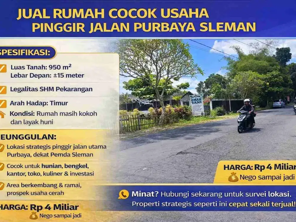 Prime Property Pinggir Jalan Purbaya Sleman – 950 m², Ideal untuk Komersial & Investasi