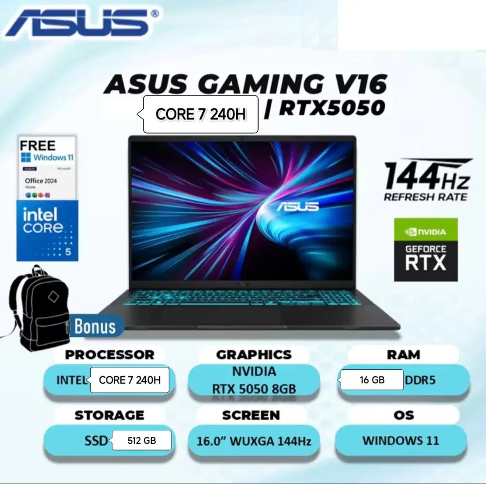 Laptop ASUS Gaming V16 V3607VM Core-7 240H RTX-5050. 16GB-512GB. RESMI