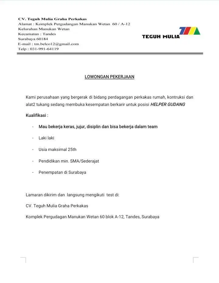 DIBUTUHKAN HELPER GUDANG SEGERA