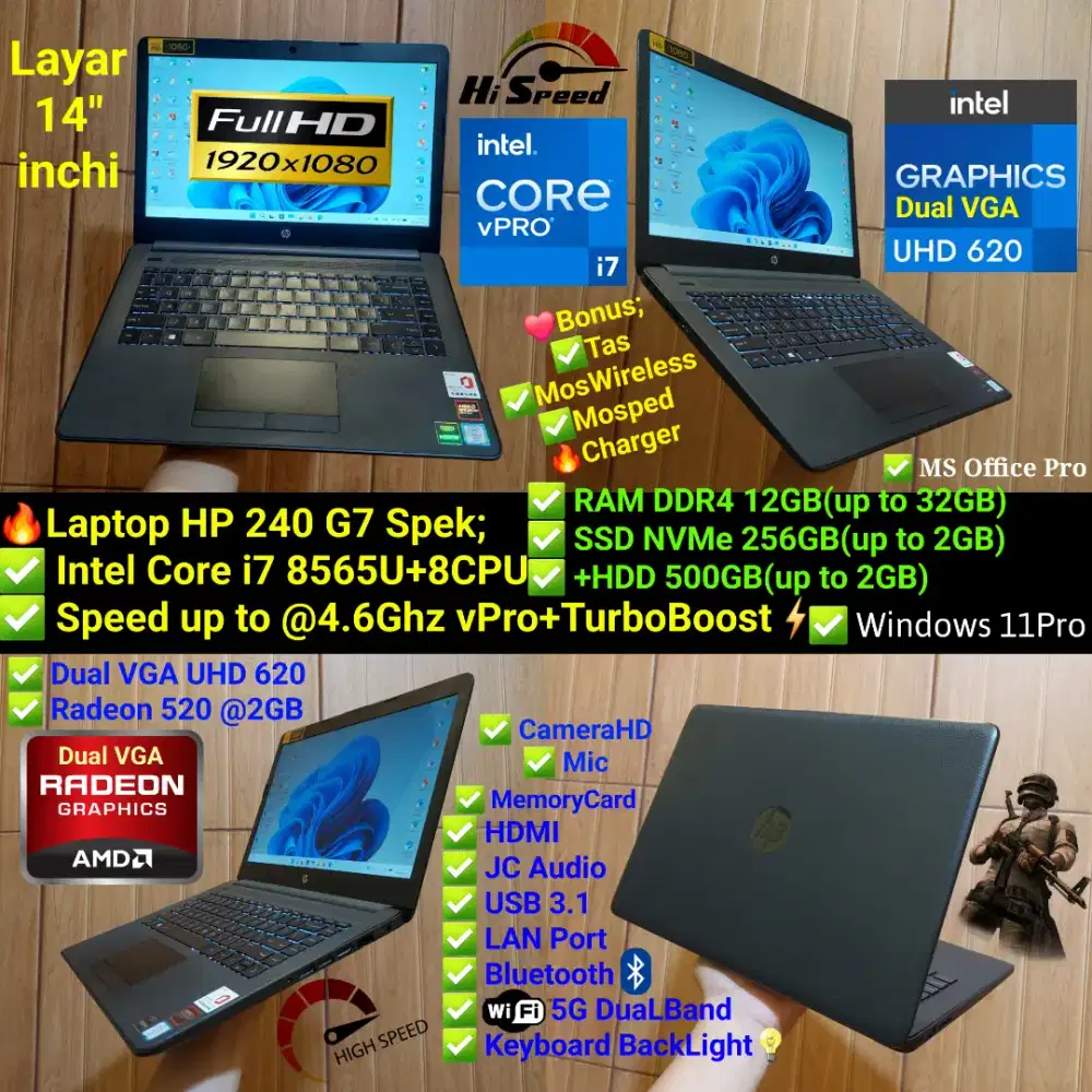 Core i7 8565u RAM 12GB NVME 256GB+HDD 500GB Dual VGA Laptop HP G7