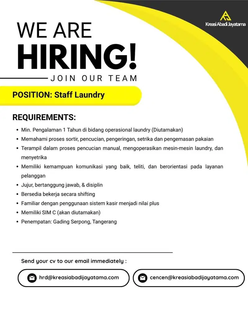 Staff Laundry - Kasir/Kurir/Satuan/Saruan