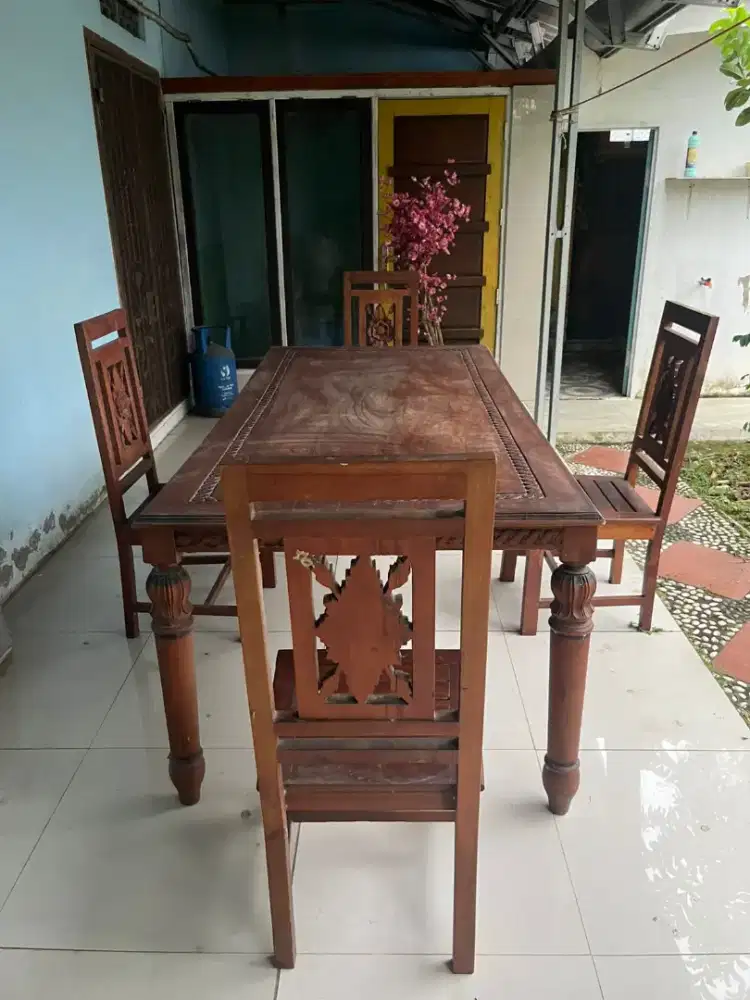 Meja makan kayu jati ukir, meja makan set