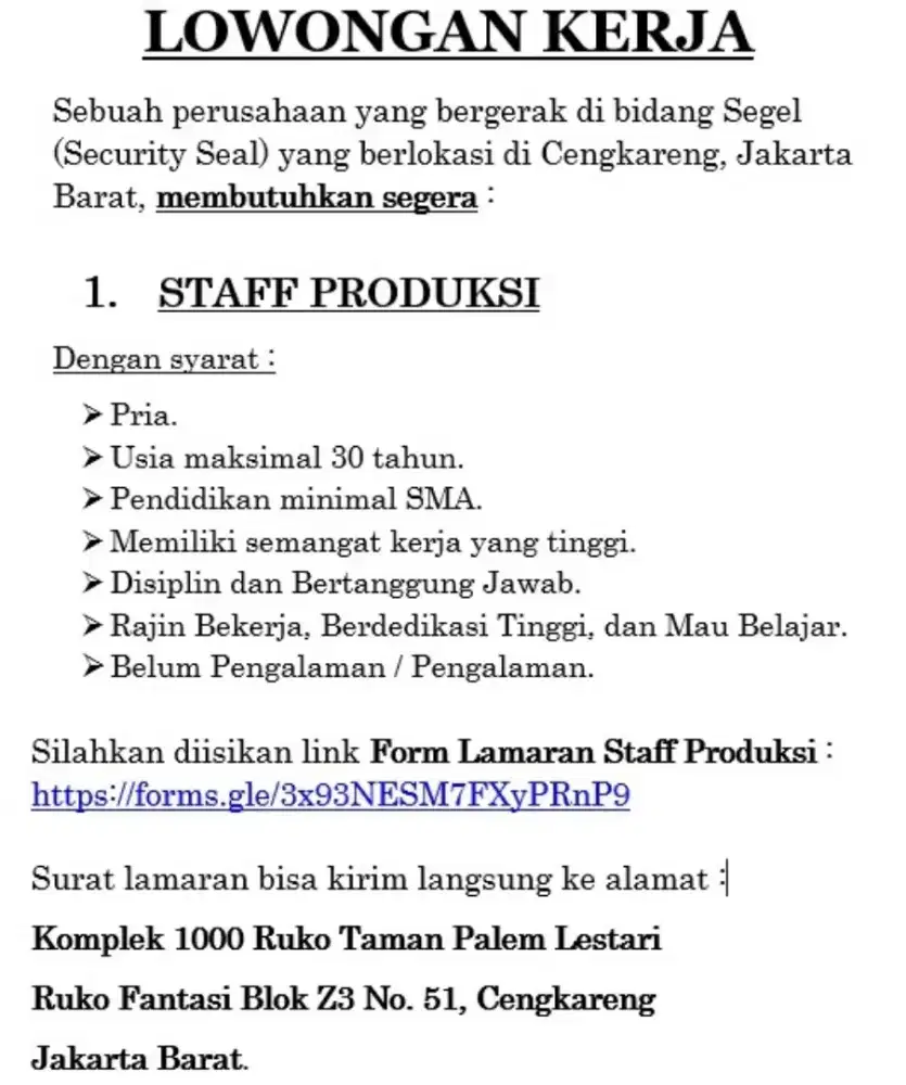 Lowongan Kerja Bagian Produksi