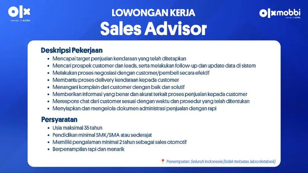 Sales Advisor (Sales Mobil Second)